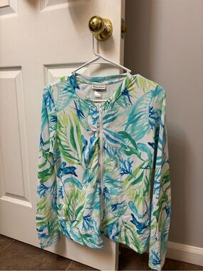 Tommy Bahama White, Blue & Green Tropical Zip-Up Top